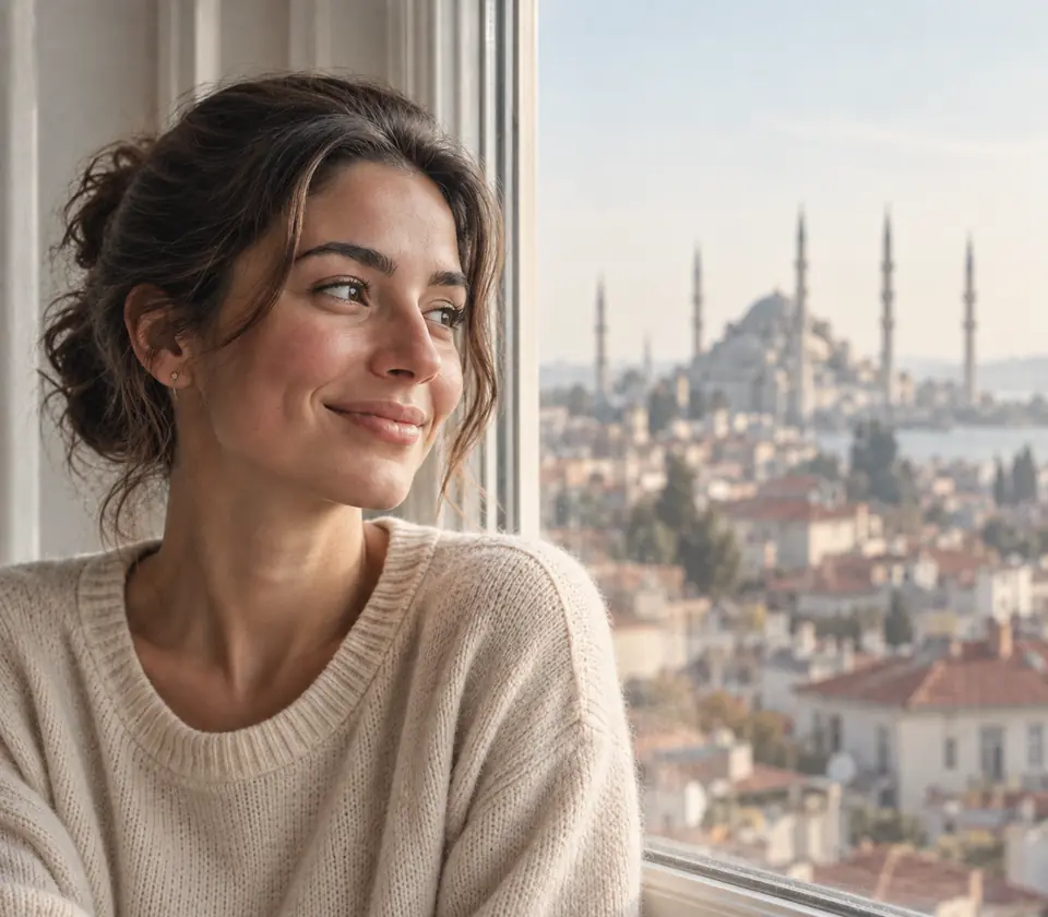 Usmívající se žena u okna, za ní střechy Istanbulu.